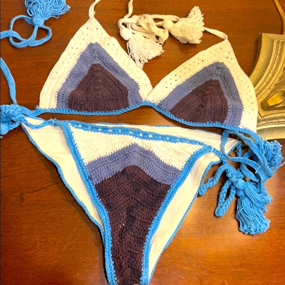 Aerie Blue and White Crochet Bikini Top and Bottom
